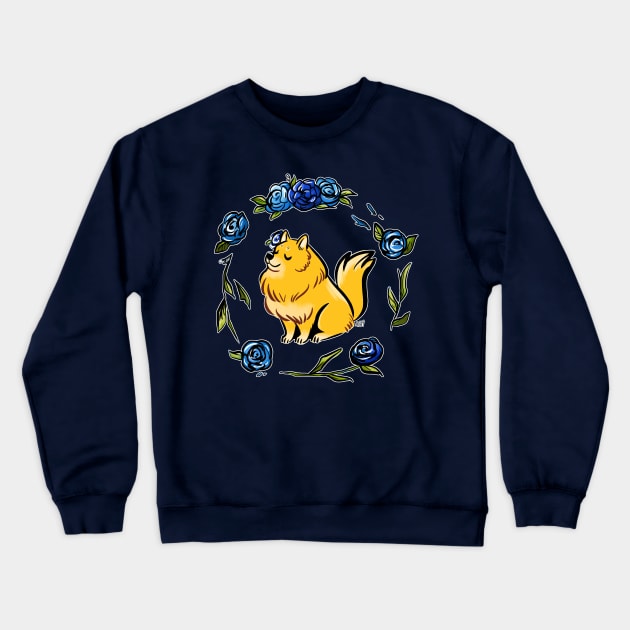 Doggo Designs: Fluffy Pomeranian & Roses Crewneck Sweatshirt by angeliraferart